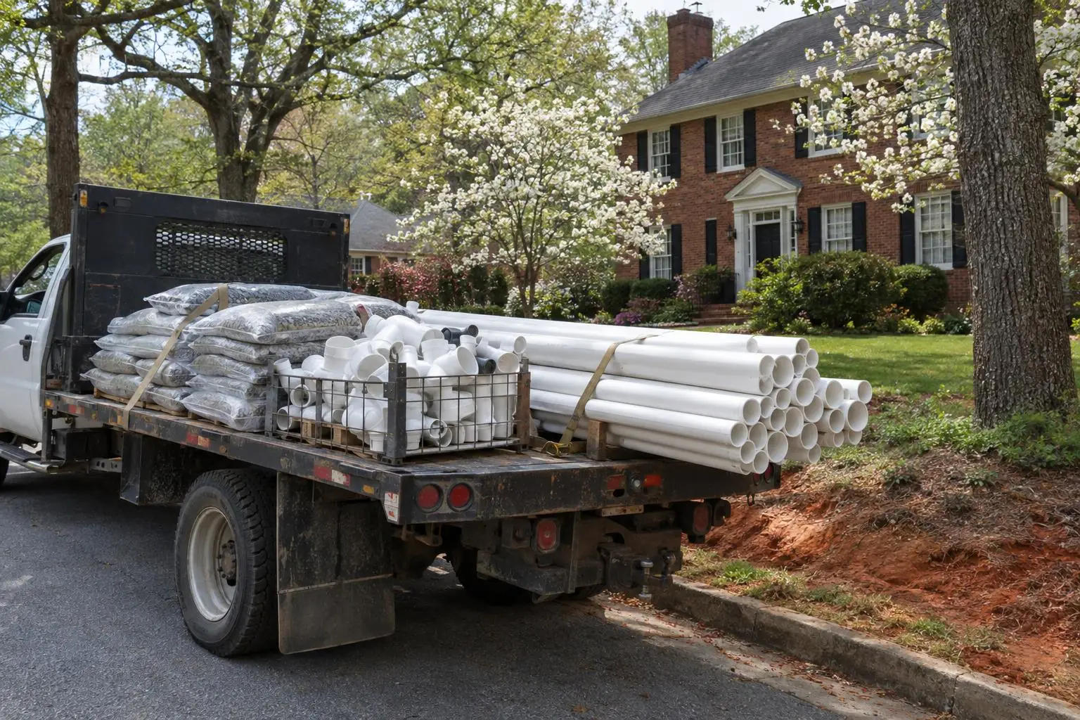 A flatbed truck loaded with white PVC lengths, fittings and bags of gravel parked at a curb in front of a brick house
